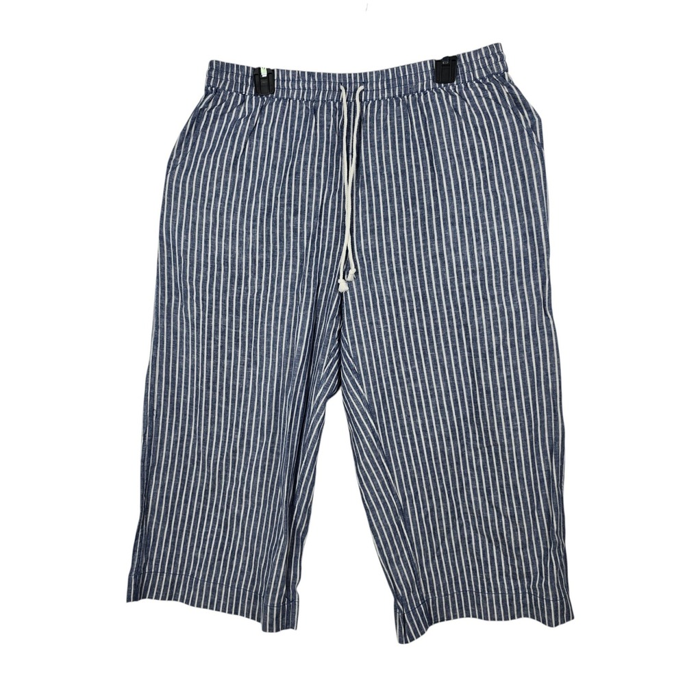 Beach Lunch Lounge Womens Cerulean Blue Striped Linen Blend Pull On Pants Large